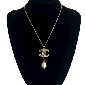 CHANEL Authentic Brown Pearl Logo Necklace